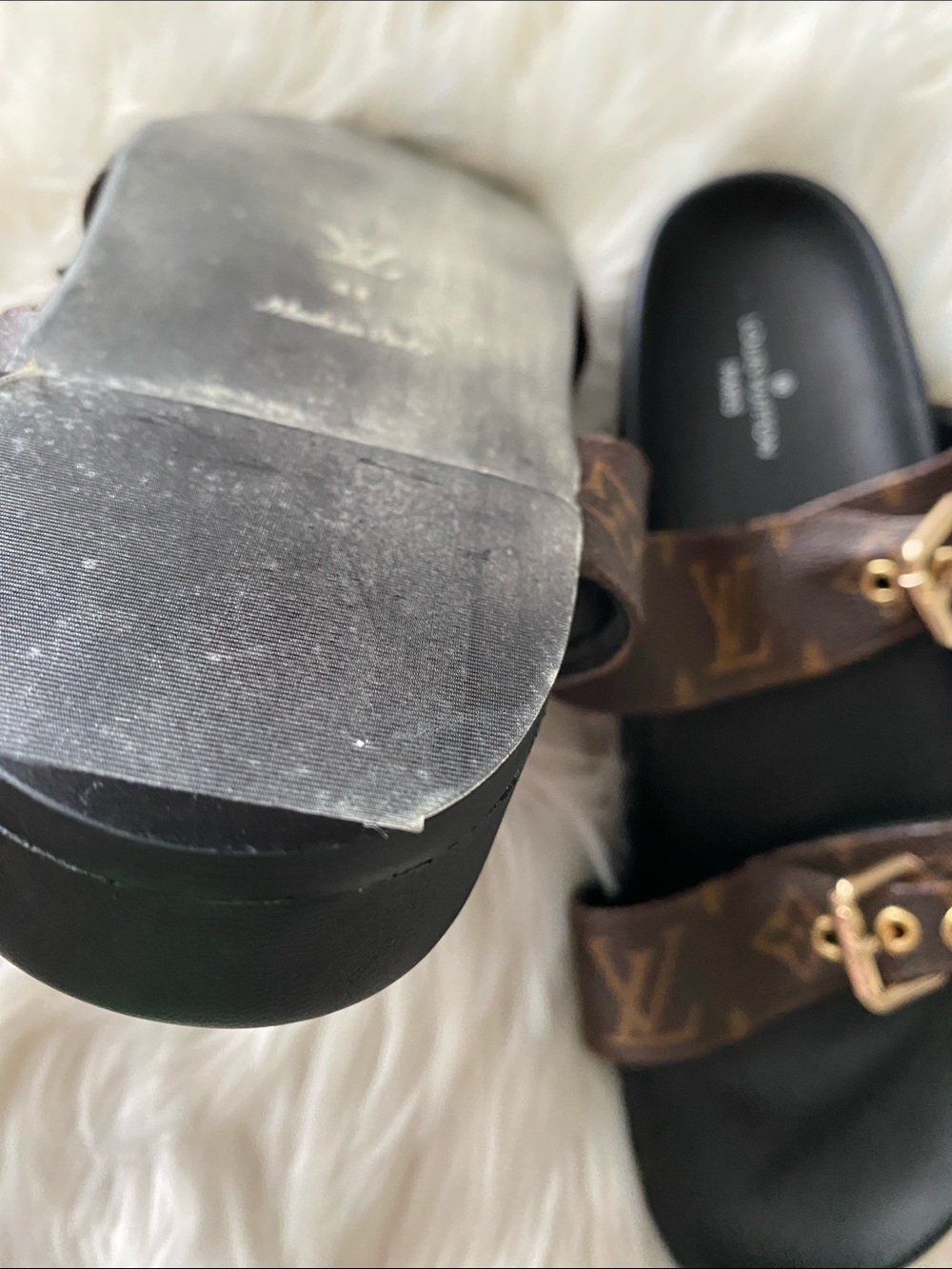 Louis Vuitton Monogram Double Buckle Slides - Brown & Black with Gold Hardware - Picture 9 of 10
